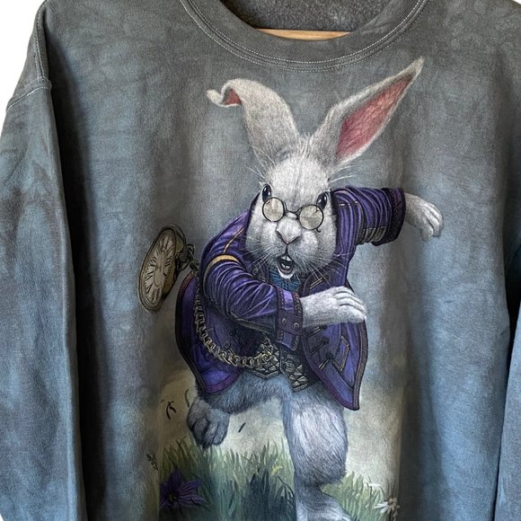 Tie Dye White Rabbit Graphic Sweatshirt Green Bluish Grey Lightweight Sz Md - Picture 14 of 15